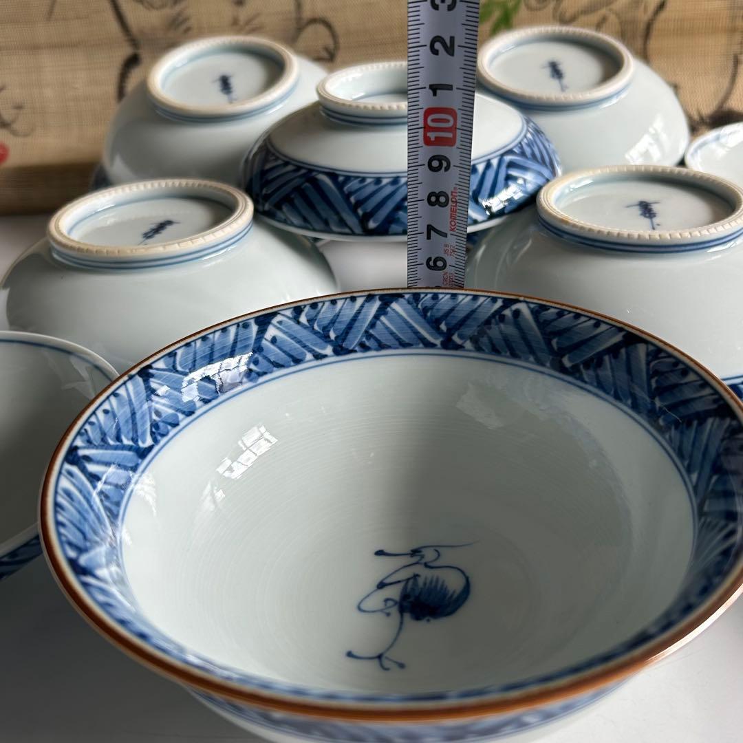 有田焼　幸祥窯　青いストライプと鶴の絵柄 蓋付き　煮物碗 飯碗 5個セット