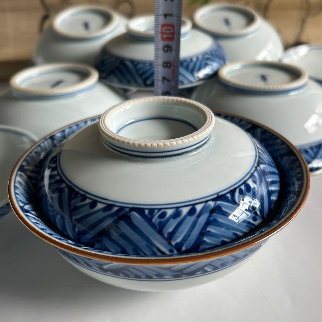 有田焼　幸祥窯　青いストライプと鶴の絵柄 蓋付き　煮物碗 飯碗 5個セット