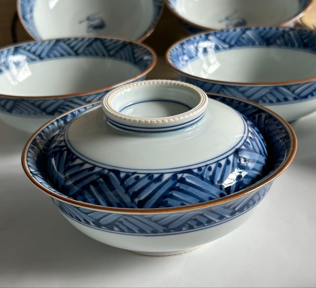 有田焼　幸祥窯　青いストライプと鶴の絵柄 蓋付き　煮物碗 飯碗 5個セット