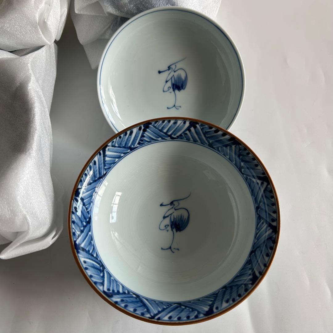 有田焼　幸祥窯　青いストライプと鶴の絵柄 蓋付き　煮物碗 飯碗 5個セット