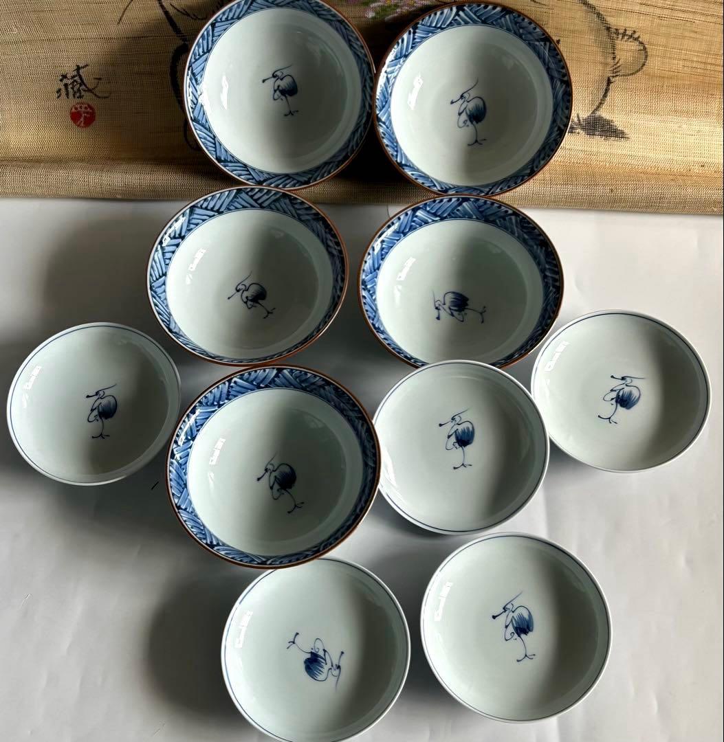 有田焼　幸祥窯　青いストライプと鶴の絵柄 蓋付き　煮物碗 飯碗 5個セット