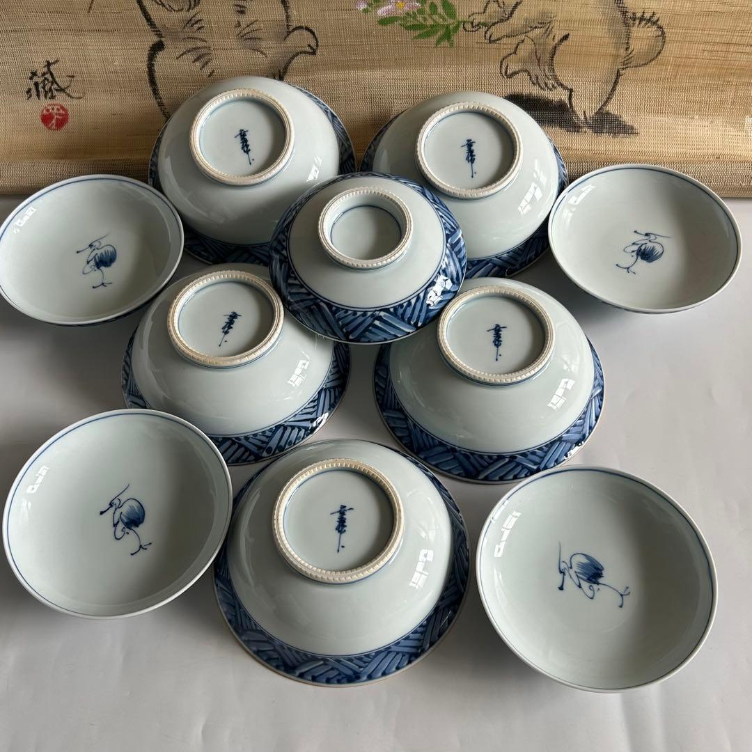 有田焼　幸祥窯　青いストライプと鶴の絵柄 蓋付き　煮物碗 飯碗 5個セット