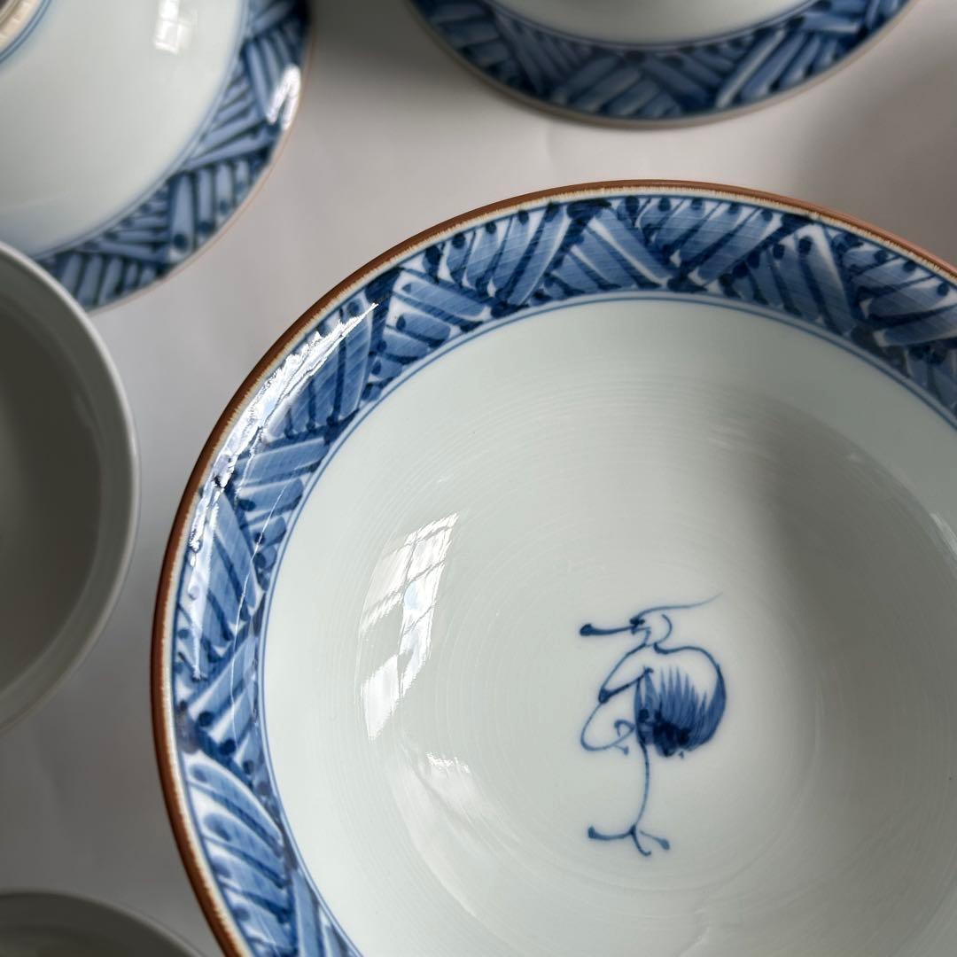 有田焼　幸祥窯　青いストライプと鶴の絵柄 蓋付き　煮物碗 飯碗 5個セット