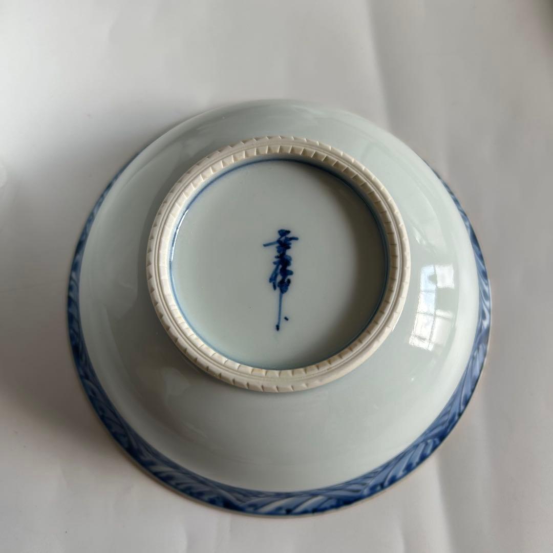 有田焼　幸祥窯　青いストライプと鶴の絵柄 蓋付き　煮物碗 飯碗 5個セット