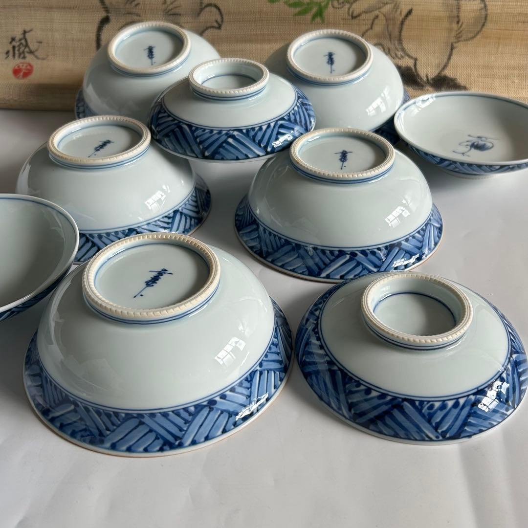 有田焼　幸祥窯　青いストライプと鶴の絵柄 蓋付き　煮物碗 飯碗 5個セット