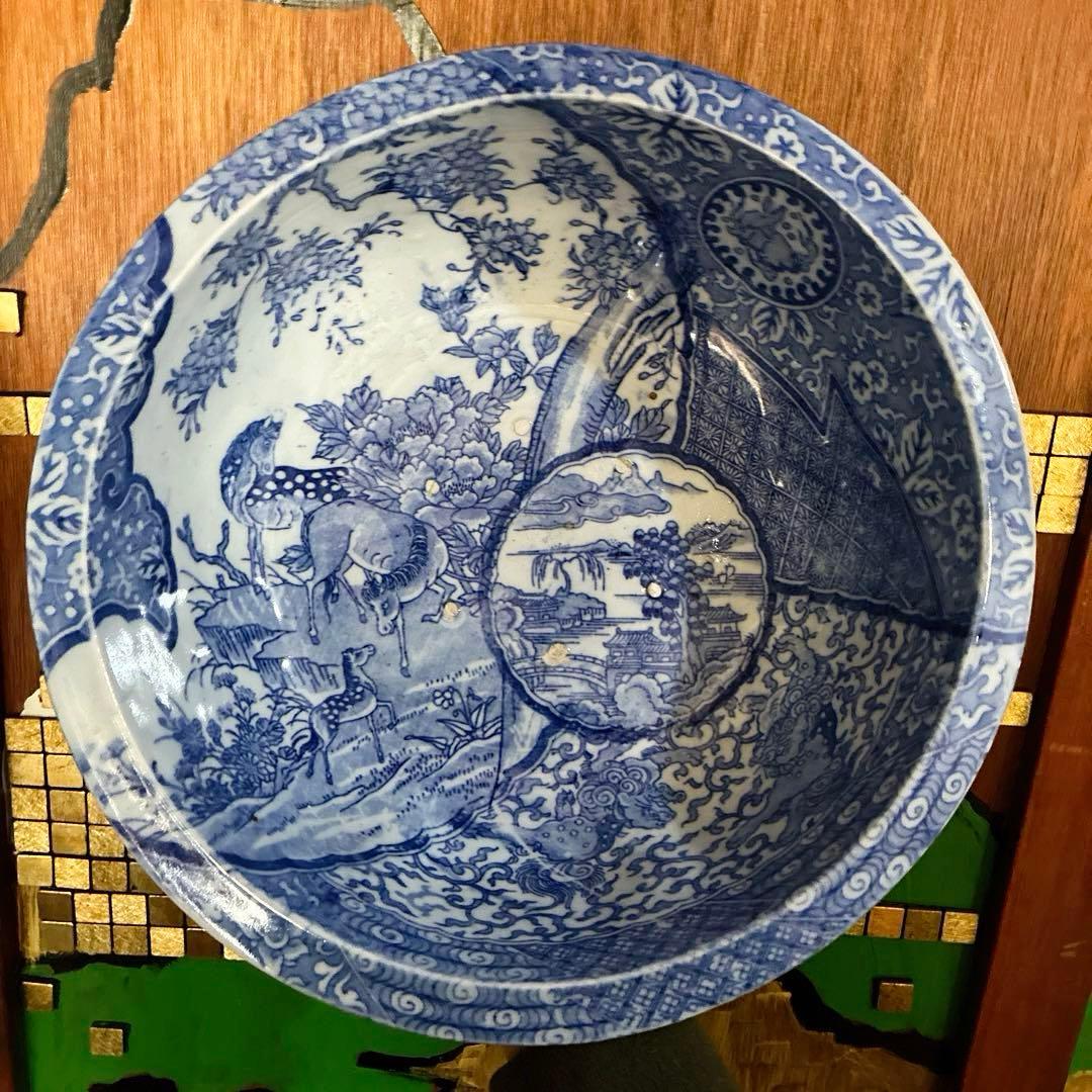 骨董　図変わり印判　超希少ブチ馬群　唐獅子　花唐草　捨身月兎　窓絵　兜型　大鉢