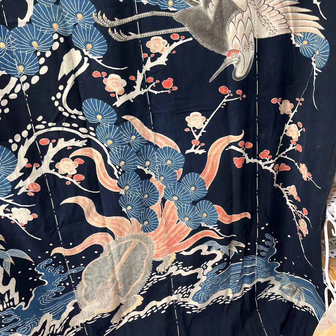 希少貴重藍染筒描き鶴亀松竹梅柄