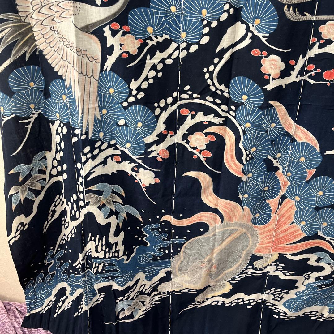 希少貴重藍染筒描き鶴亀松竹梅柄