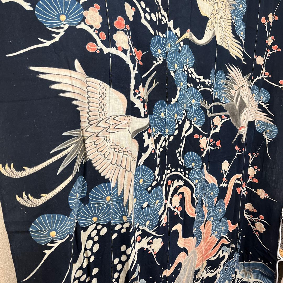 希少貴重藍染筒描き鶴亀松竹梅柄