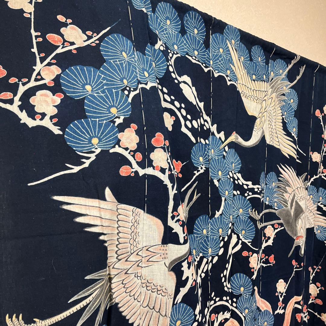 希少貴重藍染筒描き鶴亀松竹梅柄