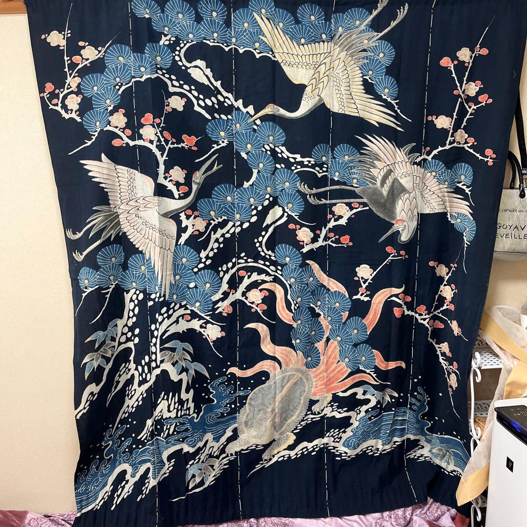 希少貴重藍染筒描き鶴亀松竹梅柄