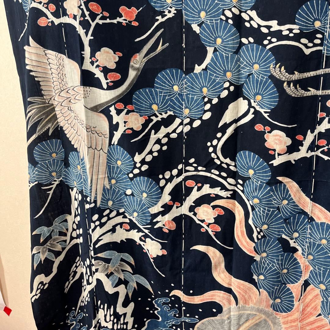 希少貴重藍染筒描き鶴亀松竹梅柄