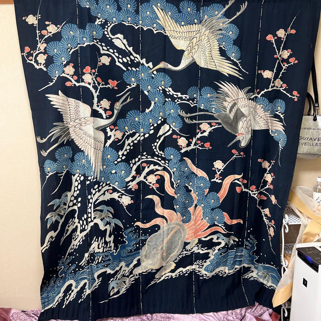 希少貴重藍染筒描き鶴亀松竹梅柄