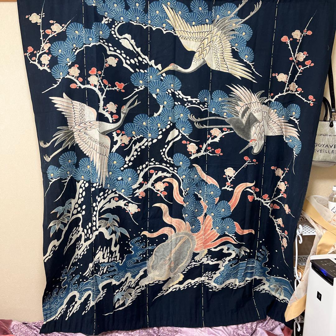 希少貴重藍染筒描き鶴亀松竹梅柄