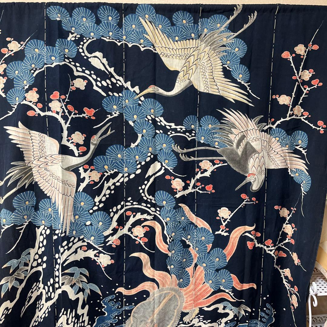 希少貴重藍染筒描き鶴亀松竹梅柄
