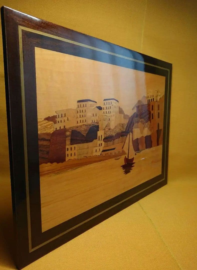 【美品】ビンテージ　風景画　木細工　象嵌　置物　インテリア　工芸品　A3054