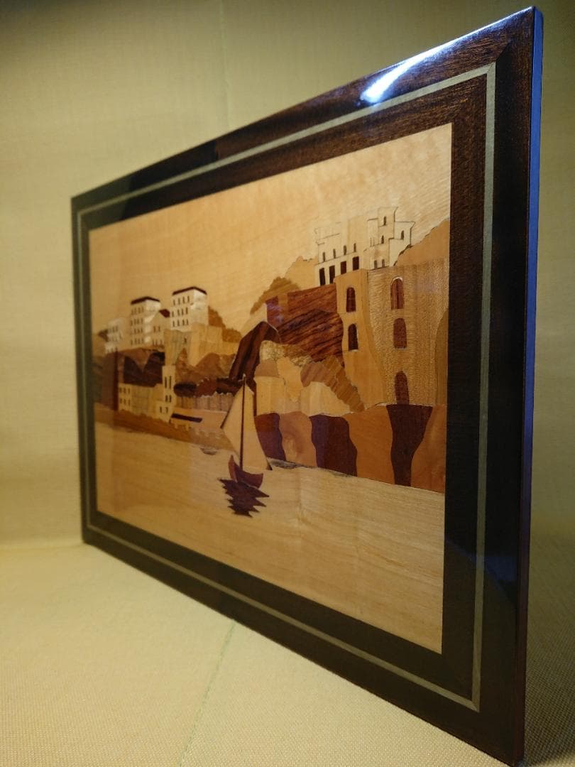 【美品】ビンテージ　風景画　木細工　象嵌　置物　インテリア　工芸品　A3054