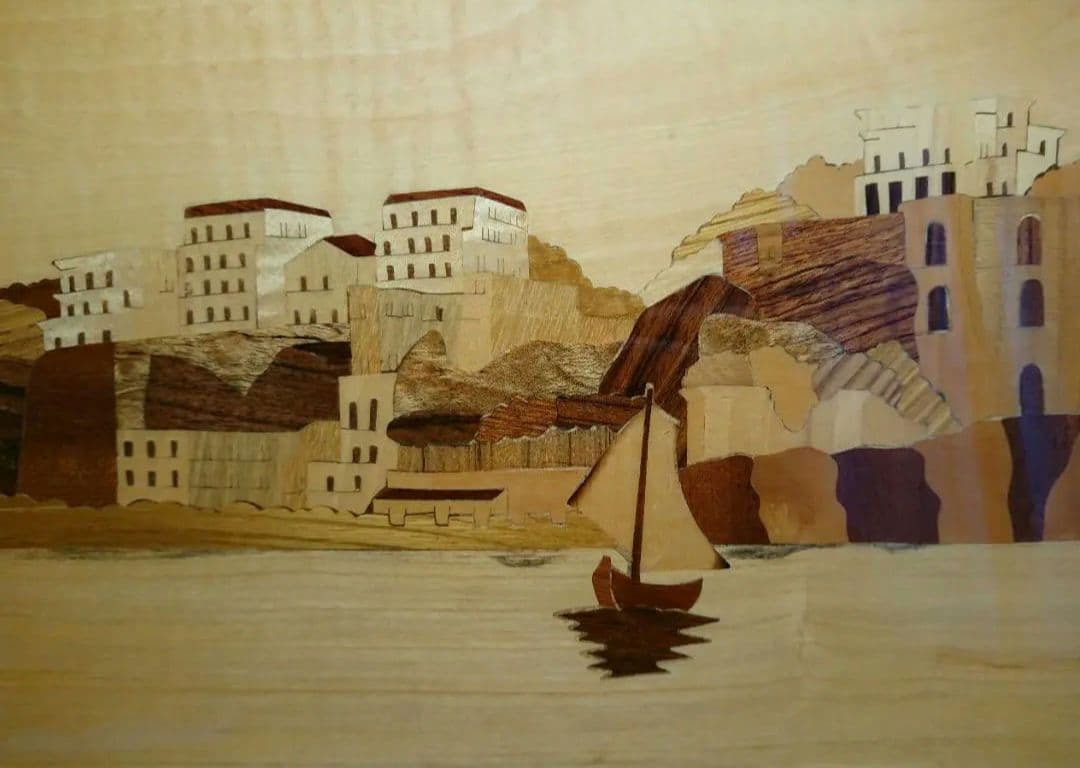 【美品】ビンテージ　風景画　木細工　象嵌　置物　インテリア　工芸品　A3054