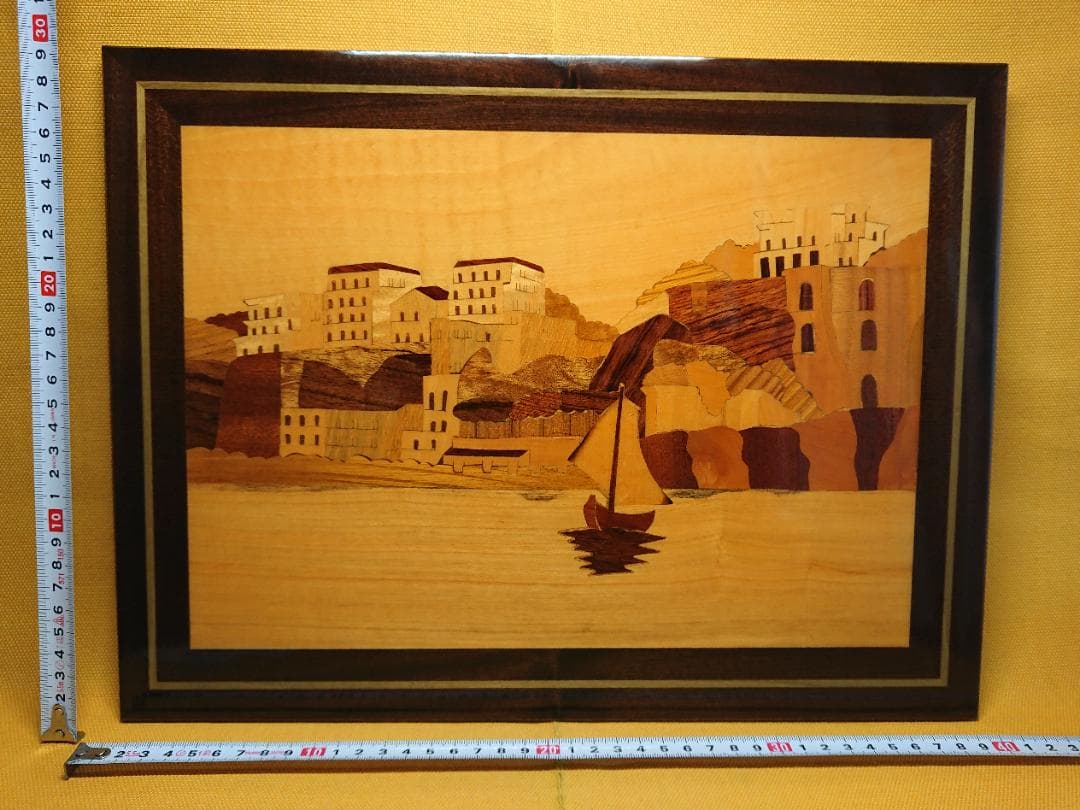 【美品】ビンテージ　風景画　木細工　象嵌　置物　インテリア　工芸品　A3054