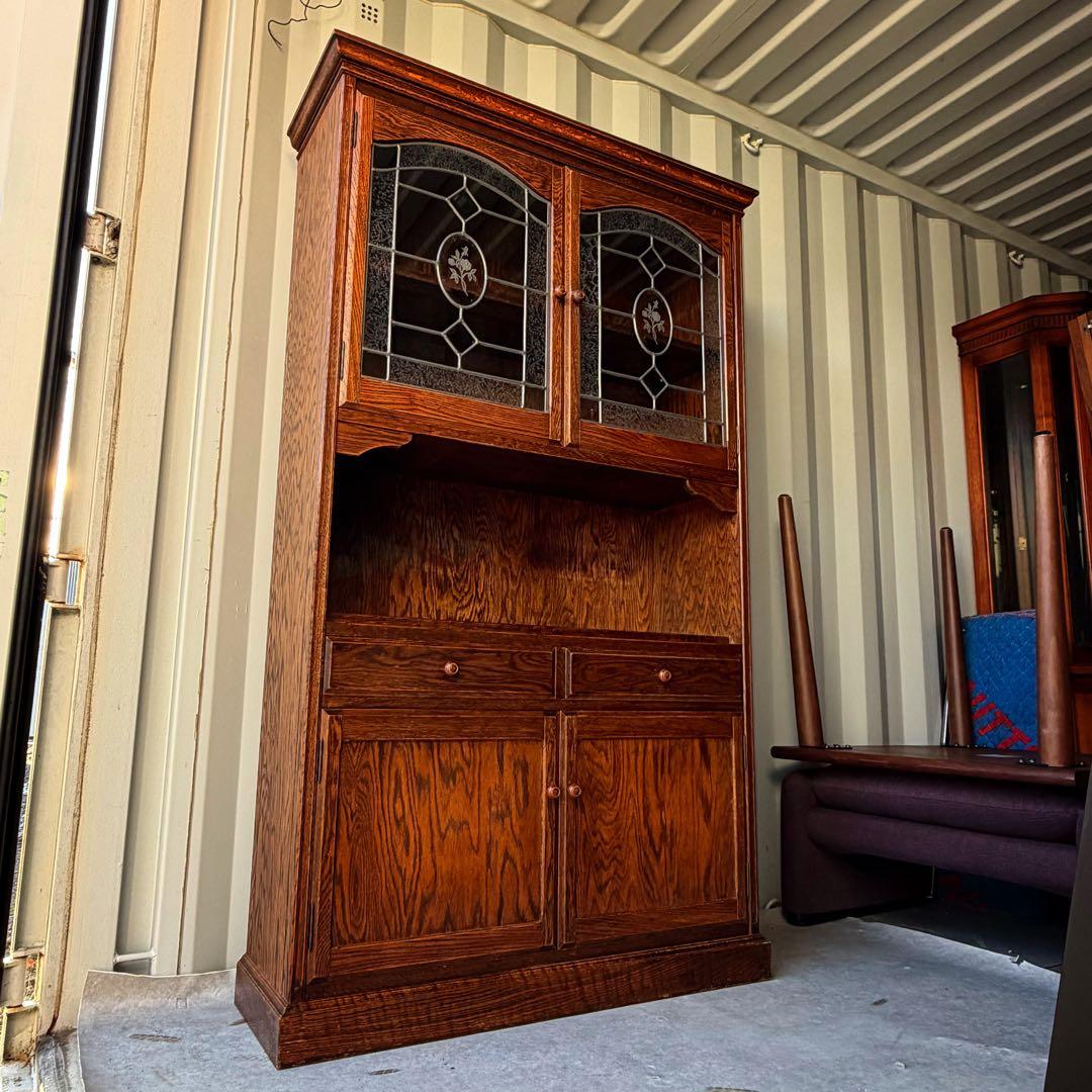 三越家具 ブルージュ 天然木ステンドグラス扉アンティーク食器棚　定価約50万