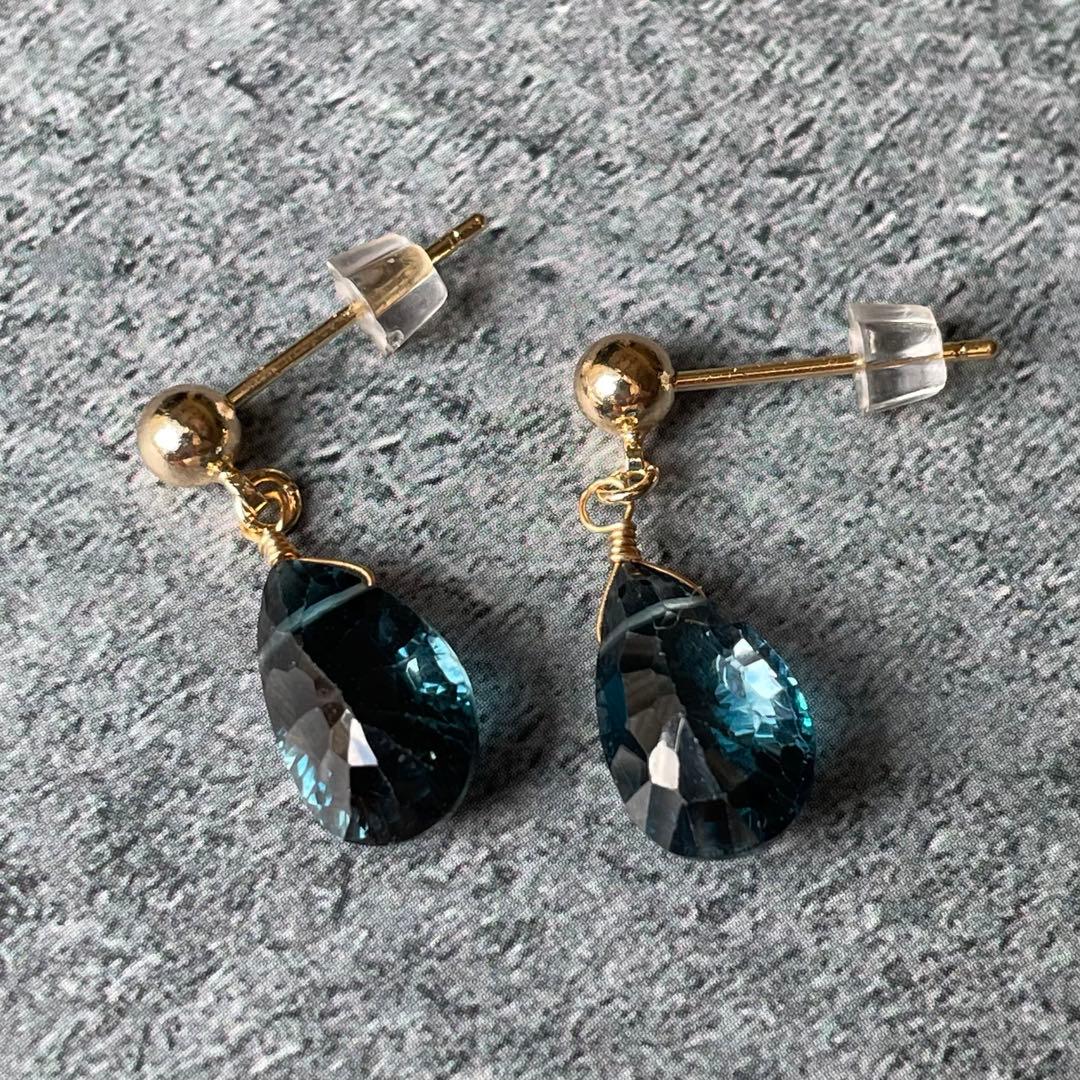 レア ロンドンブルートパーズ コンケーブ 大粒 ドロップ ピアス 14kgf