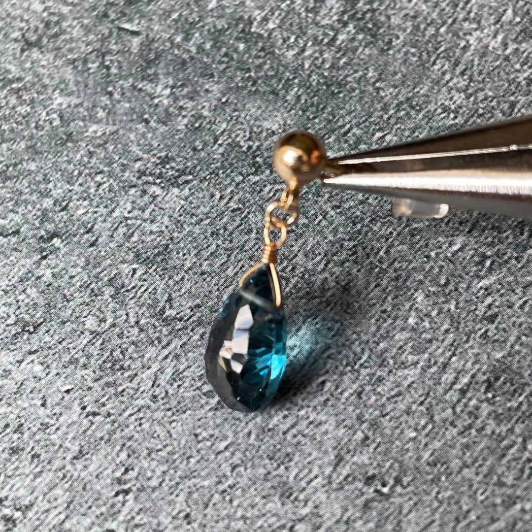 レア ロンドンブルートパーズ コンケーブ 大粒 ドロップ ピアス 14kgf