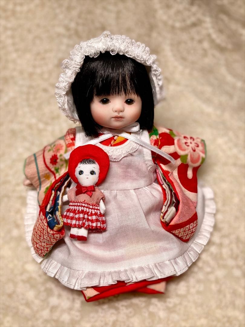 創作ビスクドール　小さな市松人形　文化人形とエプロン 帽子セット