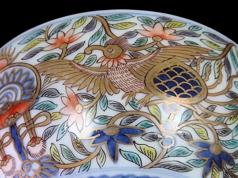 古伊万里　金襴手　鳳凰に宝珠　花唐草の図　蓋茶碗　E878AS-DCo