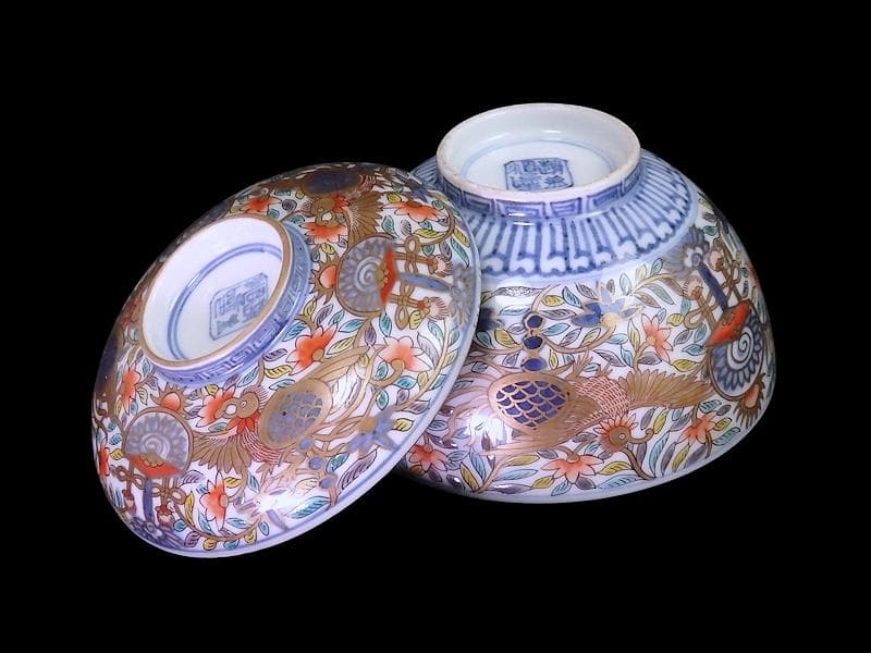 古伊万里　金襴手　鳳凰に宝珠　花唐草の図　蓋茶碗　E878AS-DCo