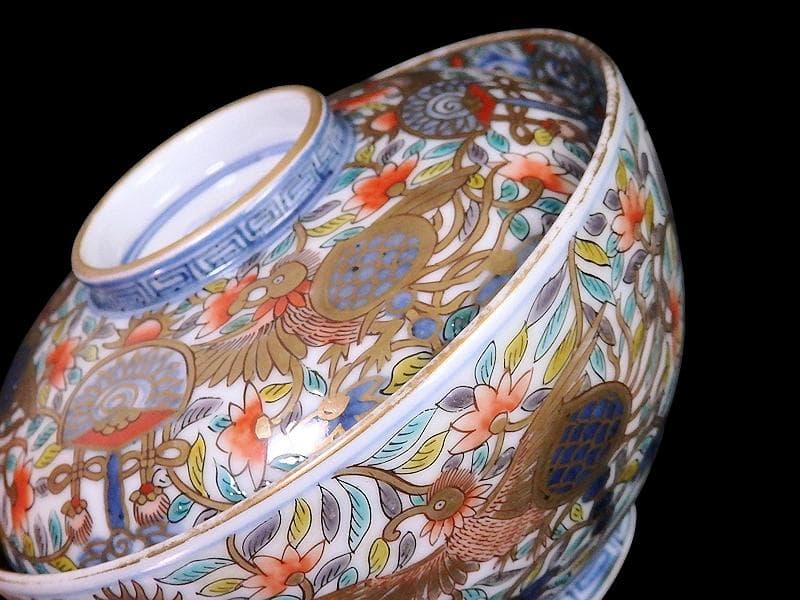 古伊万里　金襴手　鳳凰に宝珠　花唐草の図　蓋茶碗　E878AS-DCo