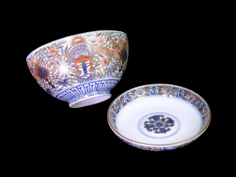 古伊万里　金襴手　鳳凰に宝珠　花唐草の図　蓋茶碗　E878AS-DCo