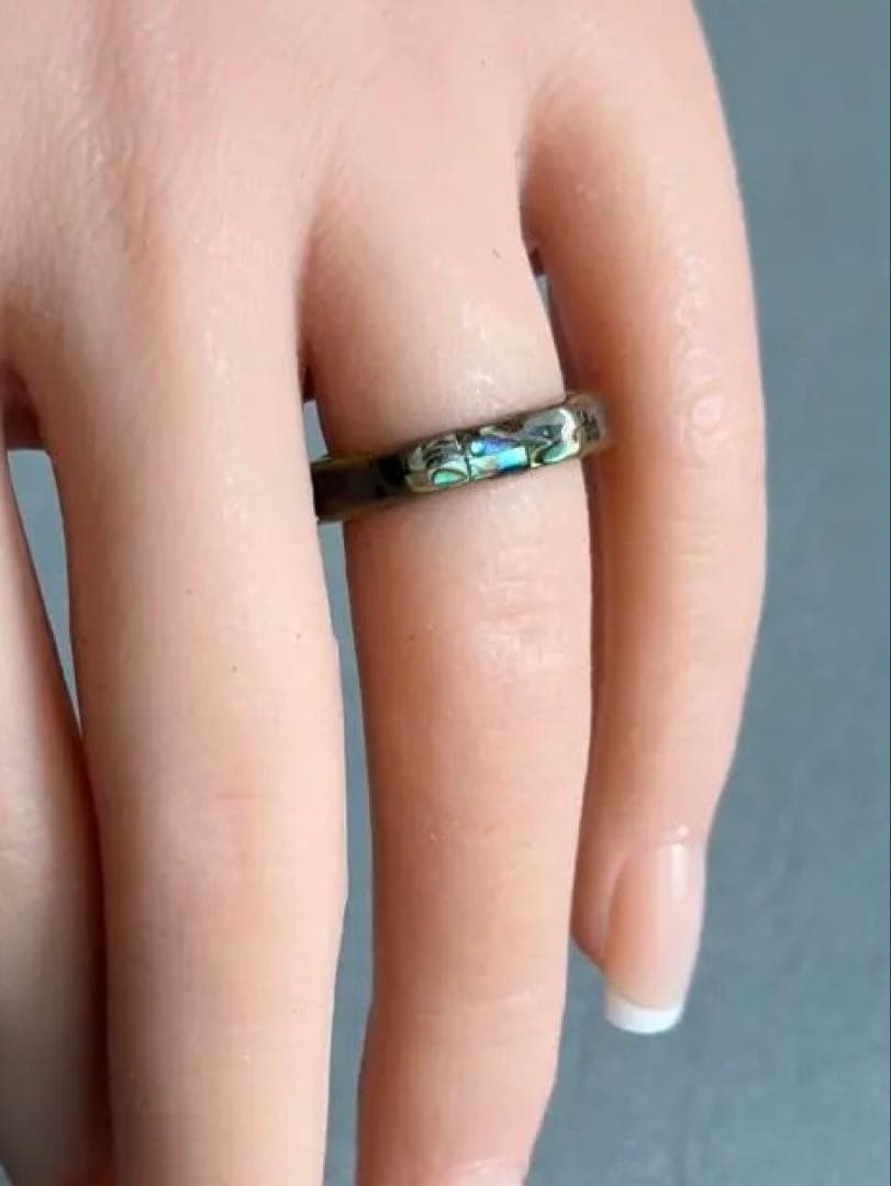 鯨髭板リング 螺鈿インレイ 青緑発色 細身 樹脂仕上げ 11号ほど　ハンドメイド
