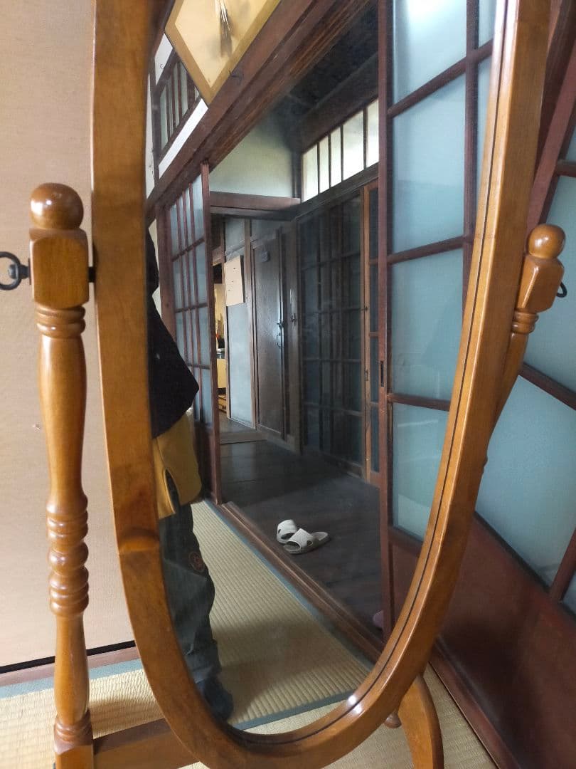 ナチュラルウッド楕円形スタンドミラー