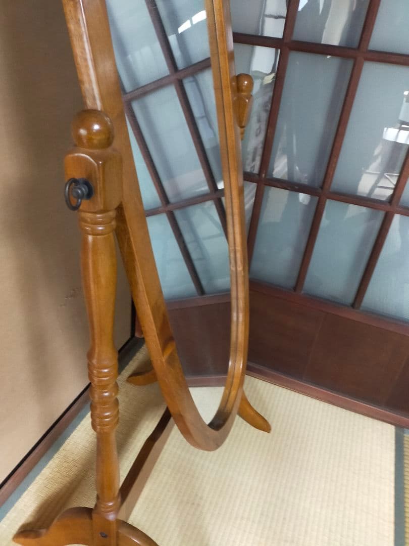 ナチュラルウッド楕円形スタンドミラー