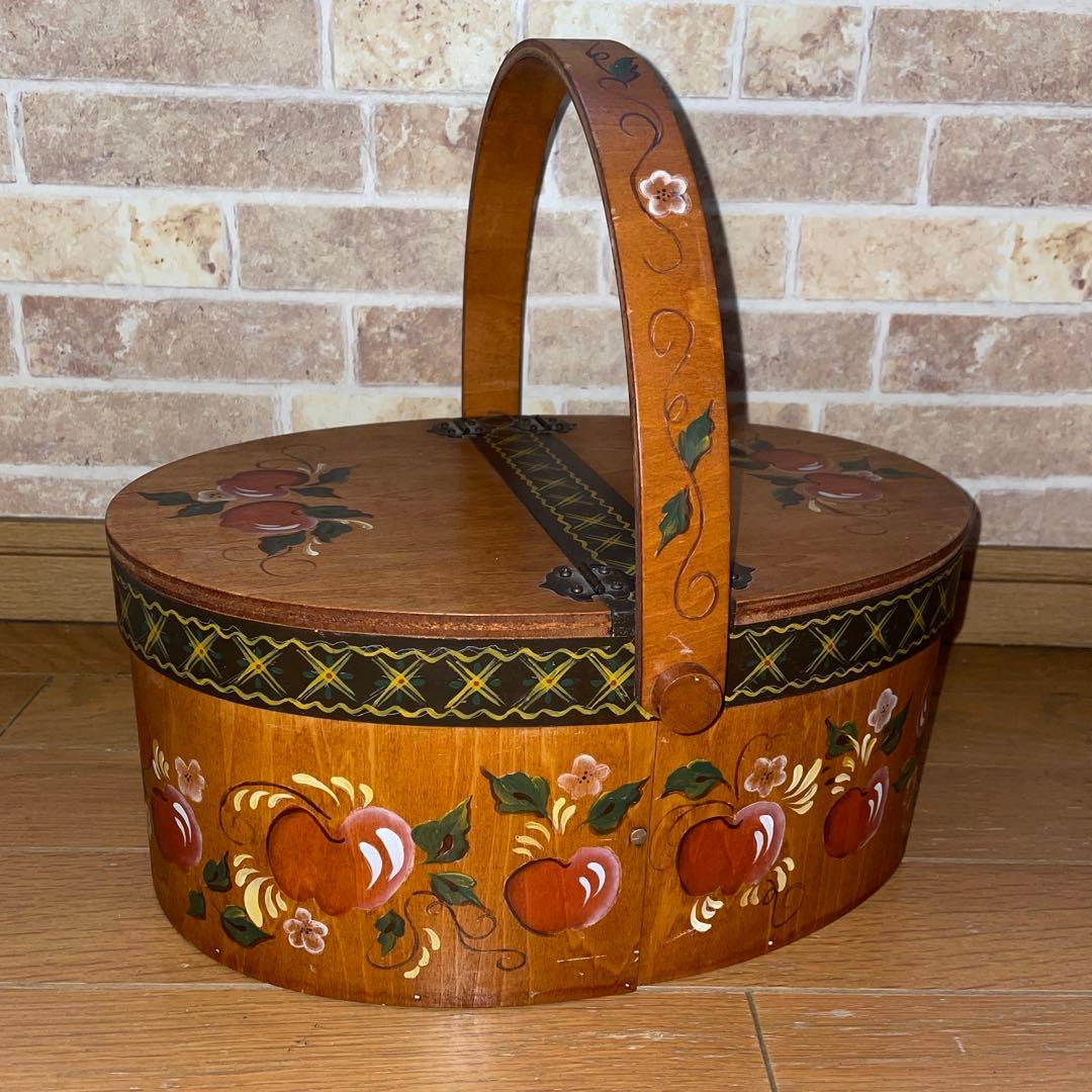 送料無料！トールペイント　大型木製バスケット　蓋付き