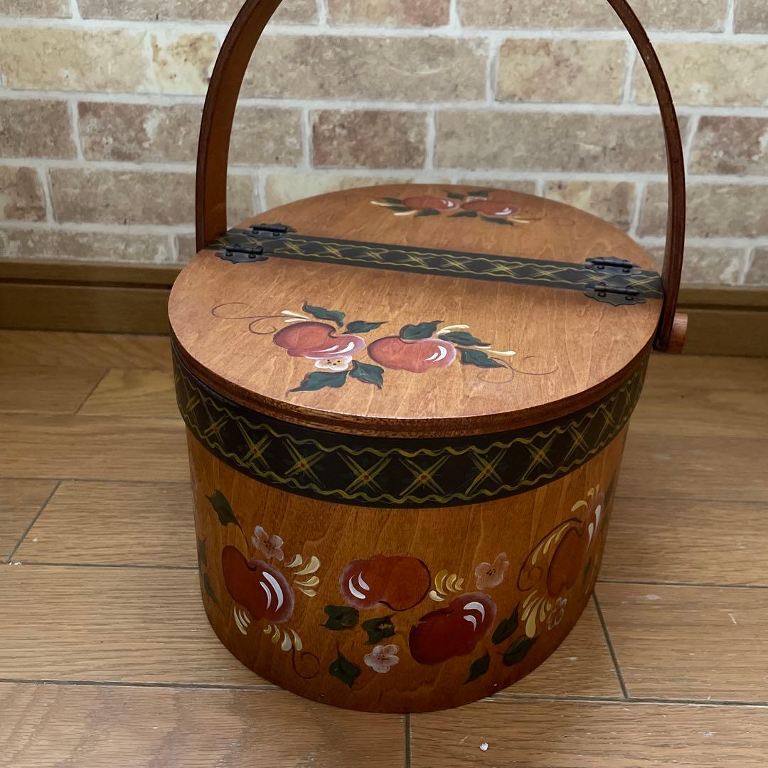 送料無料！トールペイント　大型木製バスケット　蓋付き