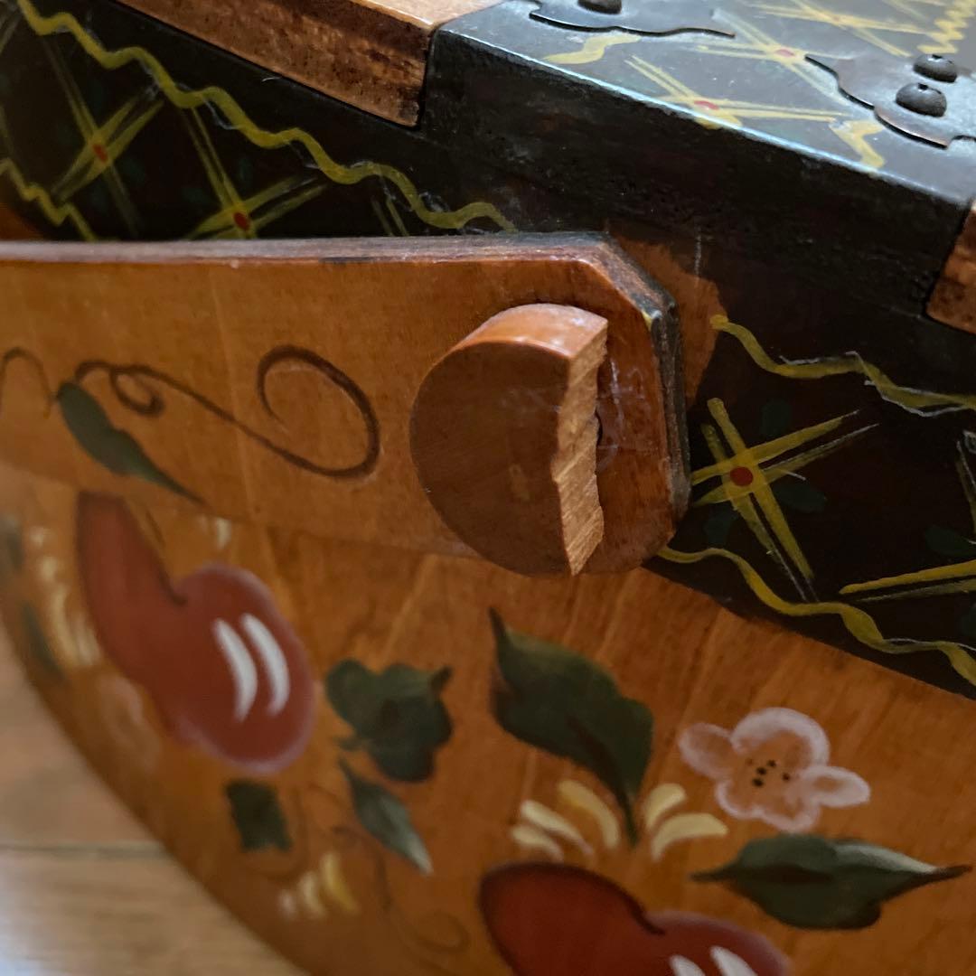 送料無料！トールペイント　大型木製バスケット　蓋付き