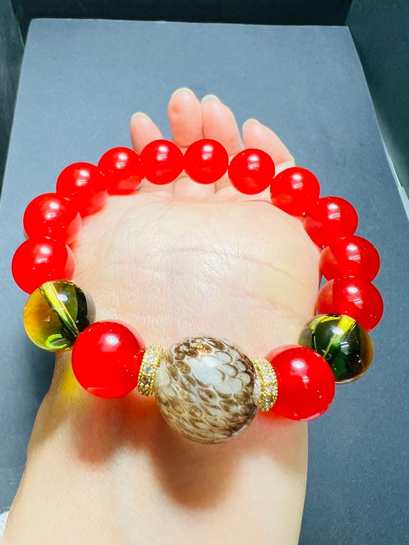 沖縄ハブ琉石✨秘紅石黄緑水晶超金運ブレスレット❗️宝くじ運　すごい波動　最高の金運