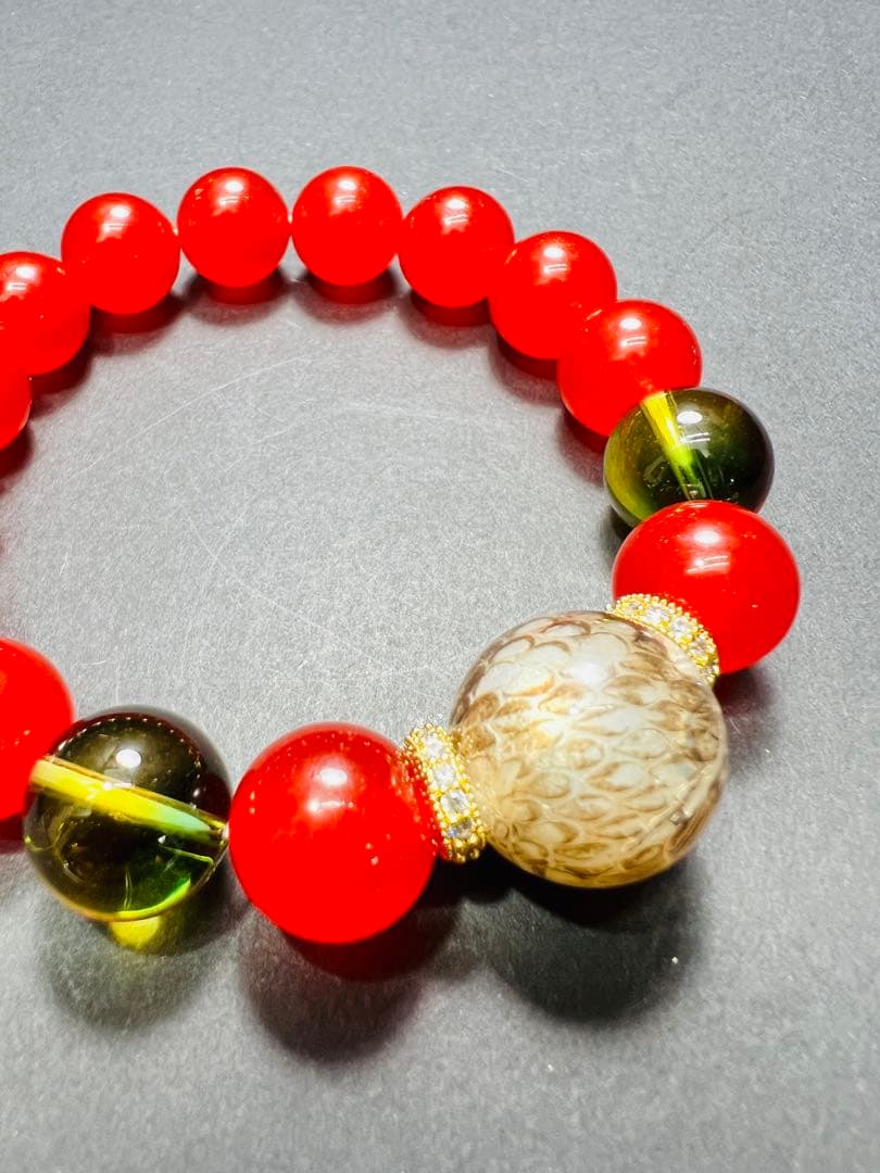 沖縄ハブ琉石✨秘紅石黄緑水晶超金運ブレスレット❗️宝くじ運　すごい波動　最高の金運