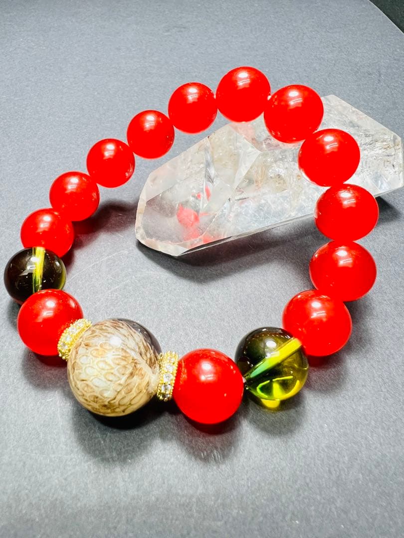 沖縄ハブ琉石✨秘紅石黄緑水晶超金運ブレスレット❗️宝くじ運　すごい波動　最高の金運