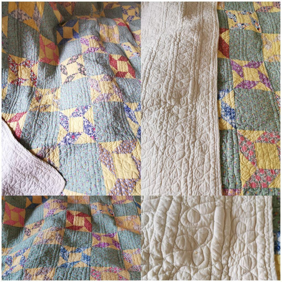 アンティーク 中綿入り手縫い超大判キルト パッチワーク更紗フィードサック 葉刺繍