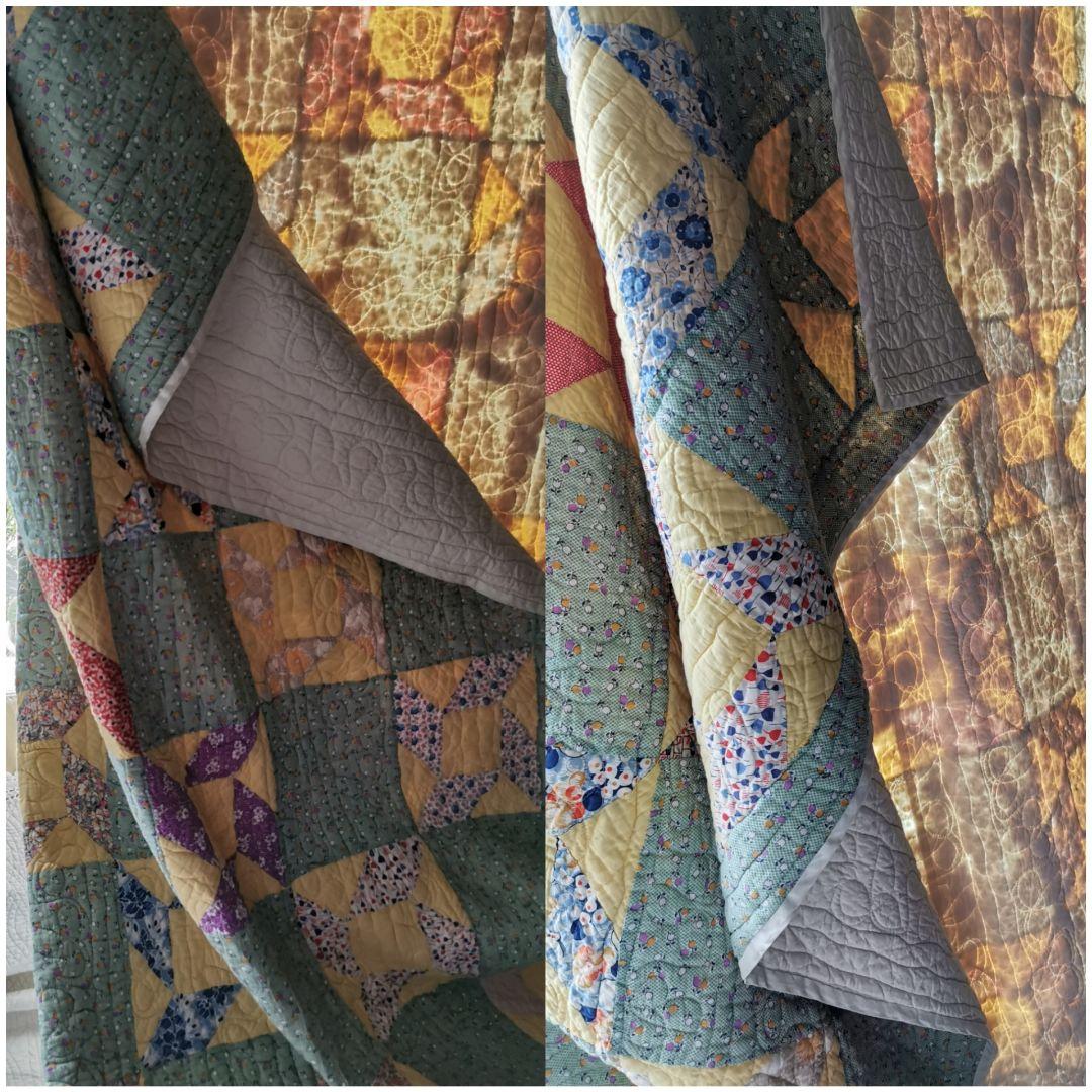 アンティーク 中綿入り手縫い超大判キルト パッチワーク更紗フィードサック 葉刺繍