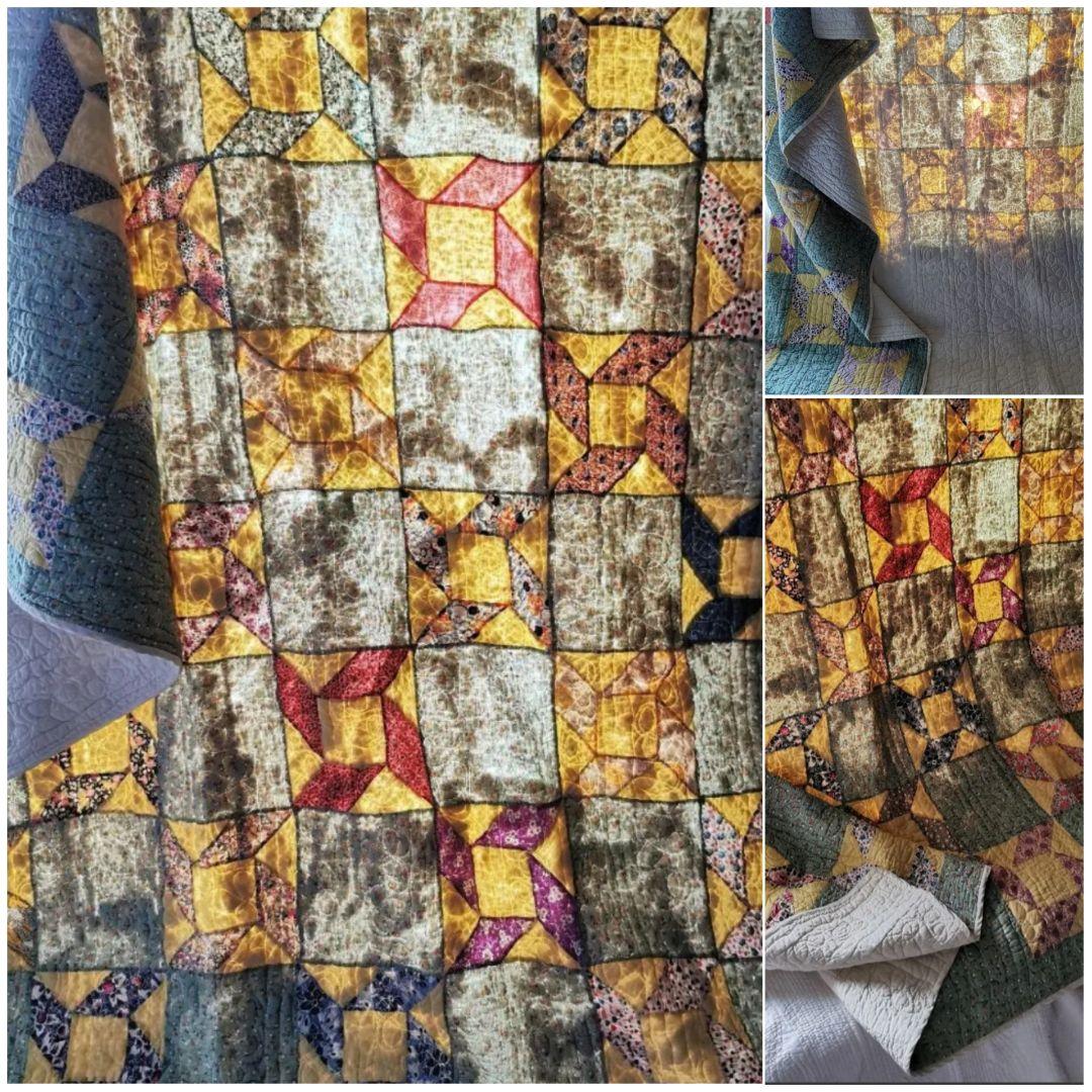 アンティーク 中綿入り手縫い超大判キルト パッチワーク更紗フィードサック 葉刺繍