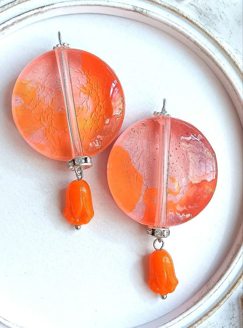 9281 手染めアクリルビーズ チェコビーズ ハンドメイド オレンジ パーツ