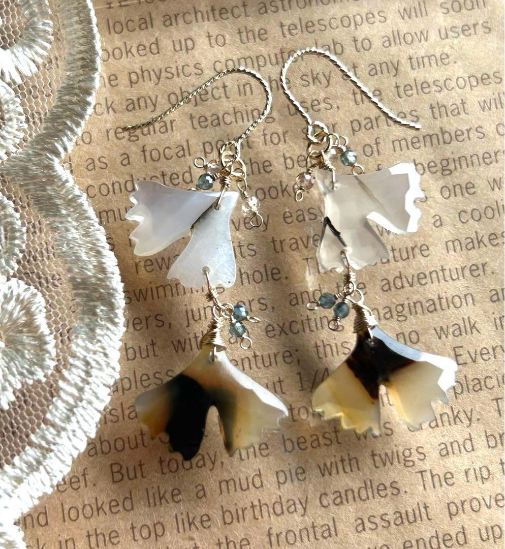 Sale❣️モンタナアゲートいちょうカービング＆グリーンサファイアピアス14kgf