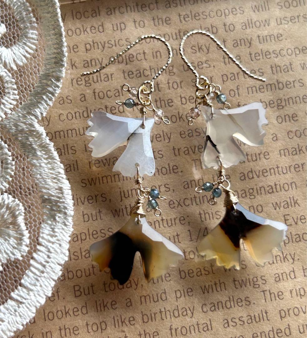 Sale❣️モンタナアゲートいちょうカービング＆グリーンサファイアピアス14kgf