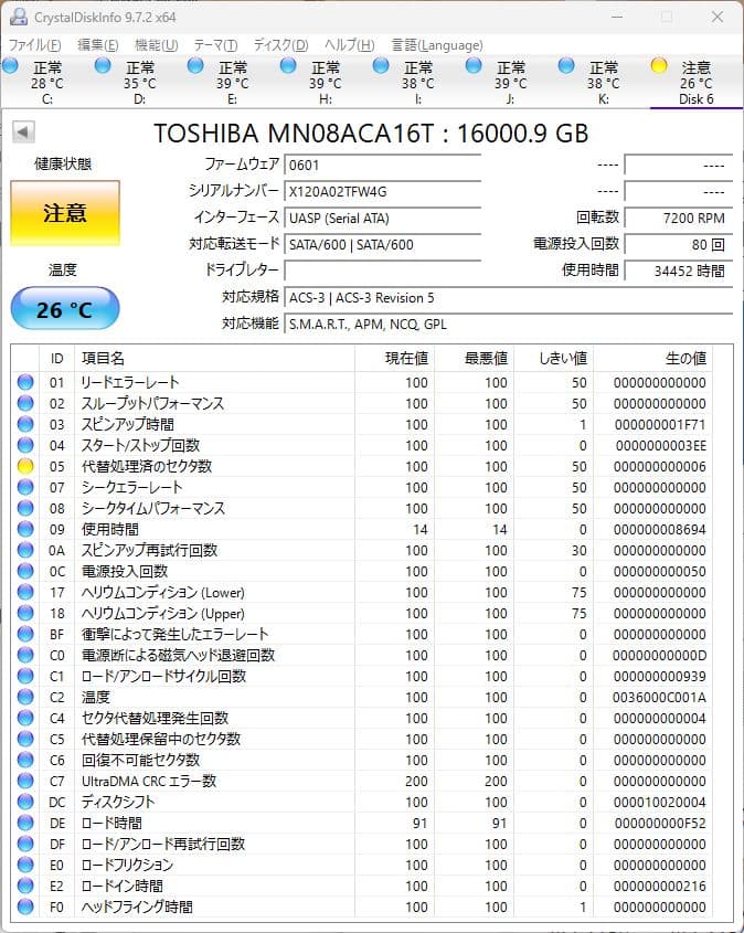 東芝 16TB HDD CrystalDiscInfo注意