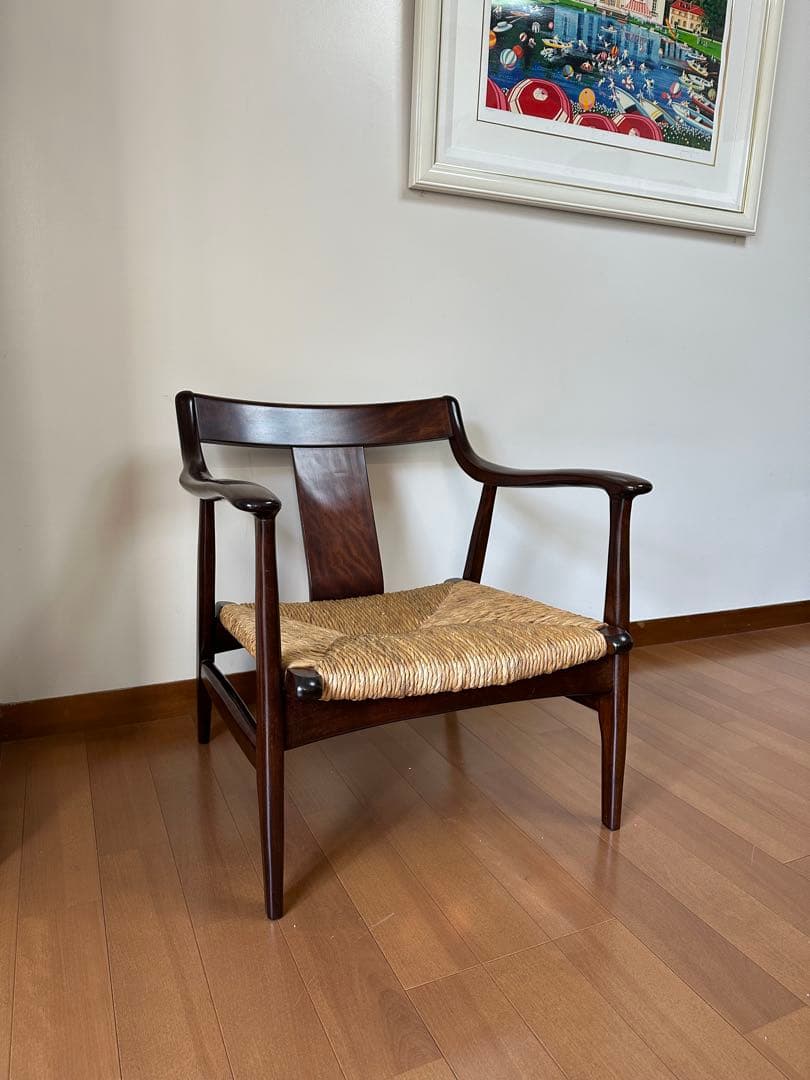 松本民芸家具　椅子　77型曲肘ラッシチェア　アームチェア　シール　作者名あり