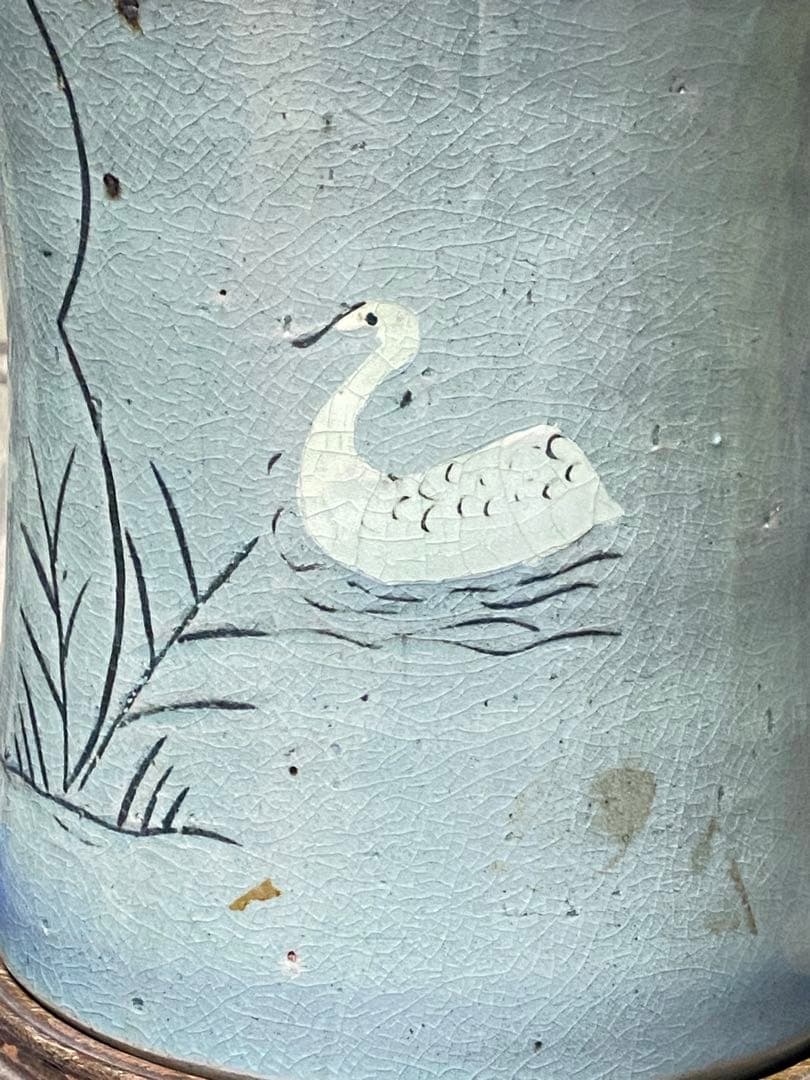 李朝青緑色の陶器製花瓶　白鳥の絵柄　世紀19