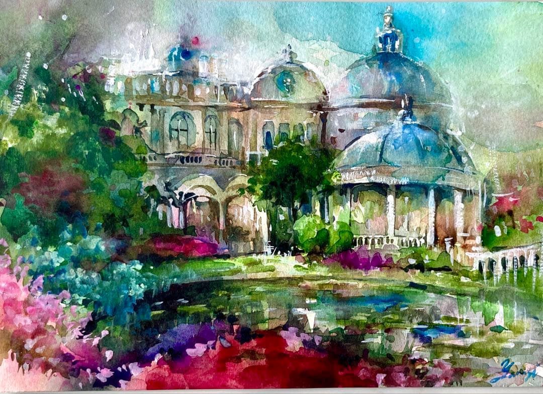 水彩画 原画 花咲く庭